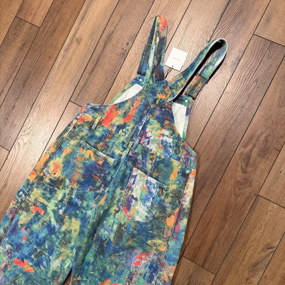 NWT Davi & Dani From The Ground Up Denim Overalls L Abstract Paint Wide Barrel - Picture 9 of 10